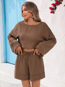 Vivid Eden Women's 100% Cotton Solid Cropped Top And Shorts 2 Pieces Set,Coffee Brown,Autumn,Casual,Vacation,Holiday Comfortable Fall Clothing Two Piece Set - Multicolor - View 3