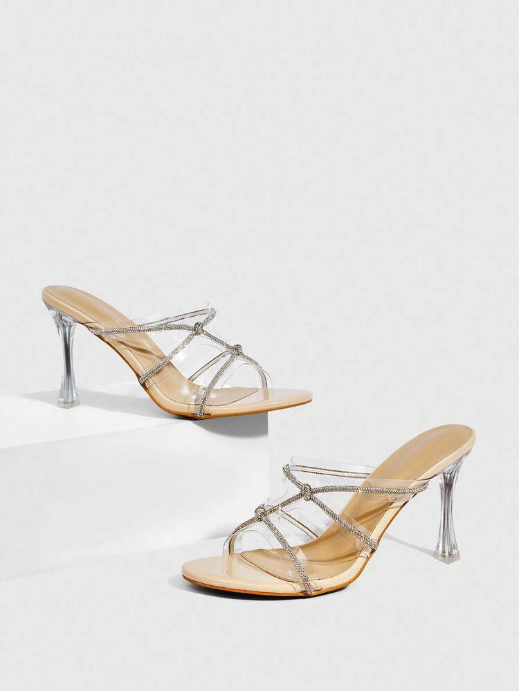 CUCCOO SZL Transparent TPU Silver Rhinestone Strap Fashionable Sexy Elegant Round Toe Glass Heel High Heel Sandals