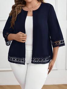 EMERY ROSE Plus Size Elegant Commuter Solid Color Lace Patchwork Blazer/Winter - Navy Blue - View 3