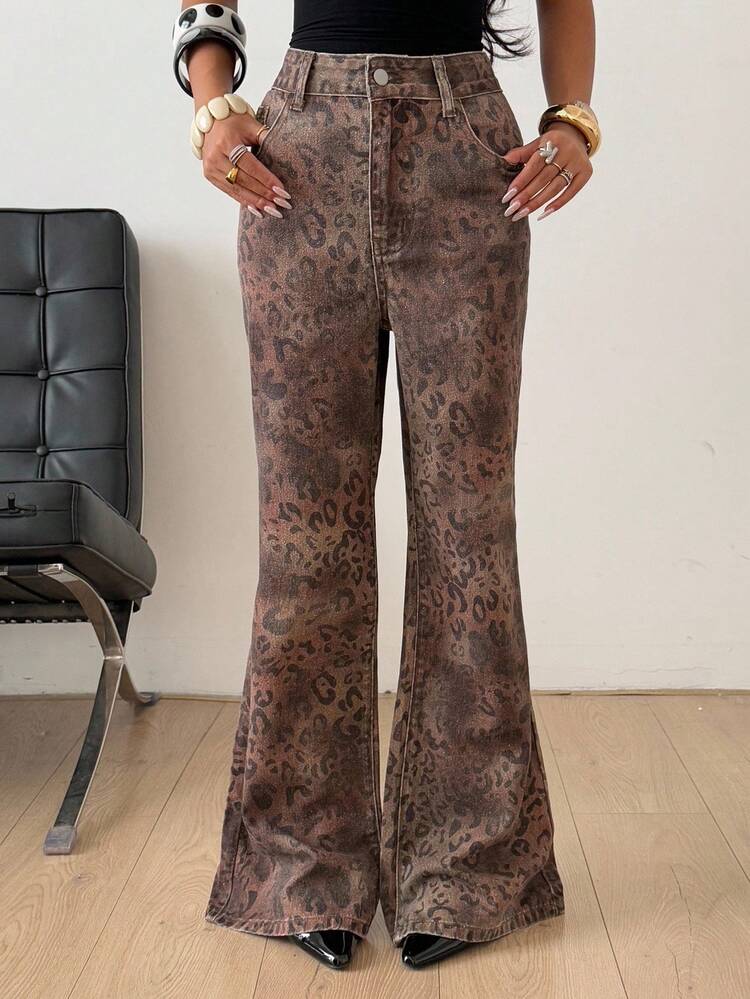 Western Cowgirl Leopard Print Flare Jeans, Casual Street Style Pants For Women, Autumn/Winter Y2k