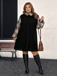 SHEIN CURVE+ Plus-Size Women's Winter Casual Checkered Floral A-Line Dress