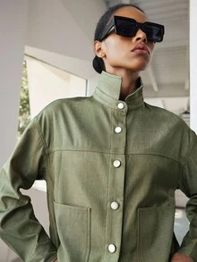 SHEIN Luminelle Women's Casual Denim Effect Button-Up Long Sleeve Jacket, Autumn - Green - View 6