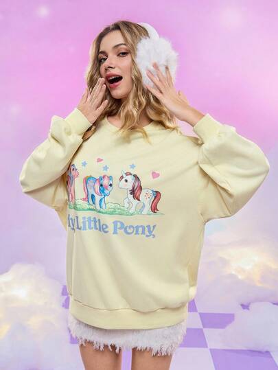My Little Pony X SHEIN Women's Cute Pony Print Round Neck Drop Shoulder Sweatshirt, Autumn Cute Sweatshirt Pastel Clothes