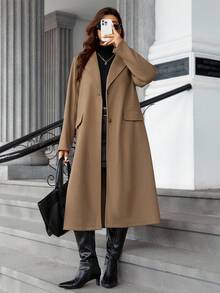 Easura Abrigo largo con abertura y botones de unicolor para mujer talla grande, otoño/invierno - Marrón - Ver 6