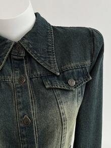 Elamini Women's Casual Denim Dress With Button Half Placket, Pleated Hem, Long Sleeve, Suitable For Autumn - Blue - View 6