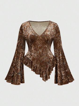 Hippie Plus Size Women Hippie Millennium Vintage Textured Fabric V-Neck Flare Sleeve Asymmetrical Hem Blouse