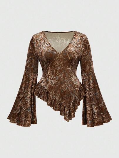 Plus Size Women Hippie Millennium Vintage Textured Fabric V-Neck Flare Sleeve Asymmetrical Hem Blouse