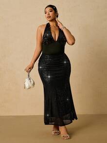 SHEIN VCAY 大码时尚亮片美人鱼裙，适合派对、万圣节、圣诞节、新年、感恩节等场合，性感夜店优雅奢华晚宴亮片黑色裙子 - 黑色 - 查看 8