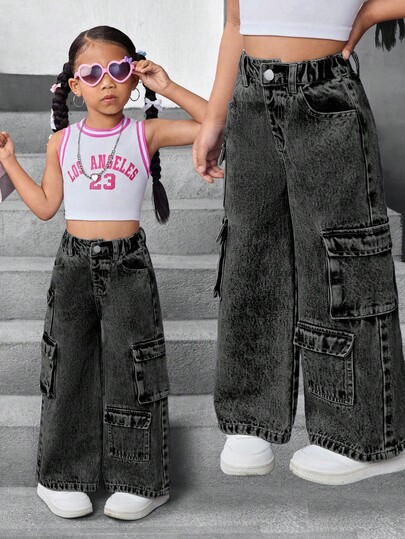 SHEIN High Waist Cargo Pocket Wide Leg Loose Casual Jeans