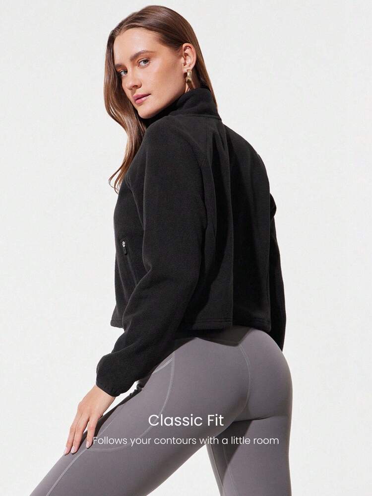 Thin Polar Fleece Loose-Fit Cropped Drawstring Long Sleeve Jacket