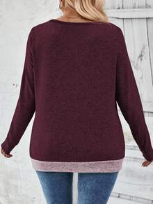 EMERY ROSE New Plus Size Women Fashion Casual Round Neck Button Decor Contrast Color Long Sleeve T-Shirt Fall - Red - View 2