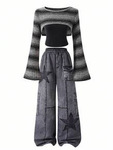 Sparklyn 3pcs/Set Teenage Girls Ombre Striped Flare Sleeve Cover Up, Solid Color Camisole, And Distressed Star Print Wide Leg Jeans Pants, Retro Chic Street Style