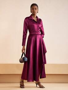 Zivah Deep Purple Autumn Elegant Dining 2-Piece Set: Long Sleeve Satin Blouse & Asymmetric Skirt,Wedding Guest Boho,Commute,Brunch,Party Holiday Outfit - Brown - View 5