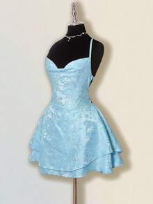 SHEIN ICON 提花面料露背系带迷你连衣裙 - 藍色 - 查看 4