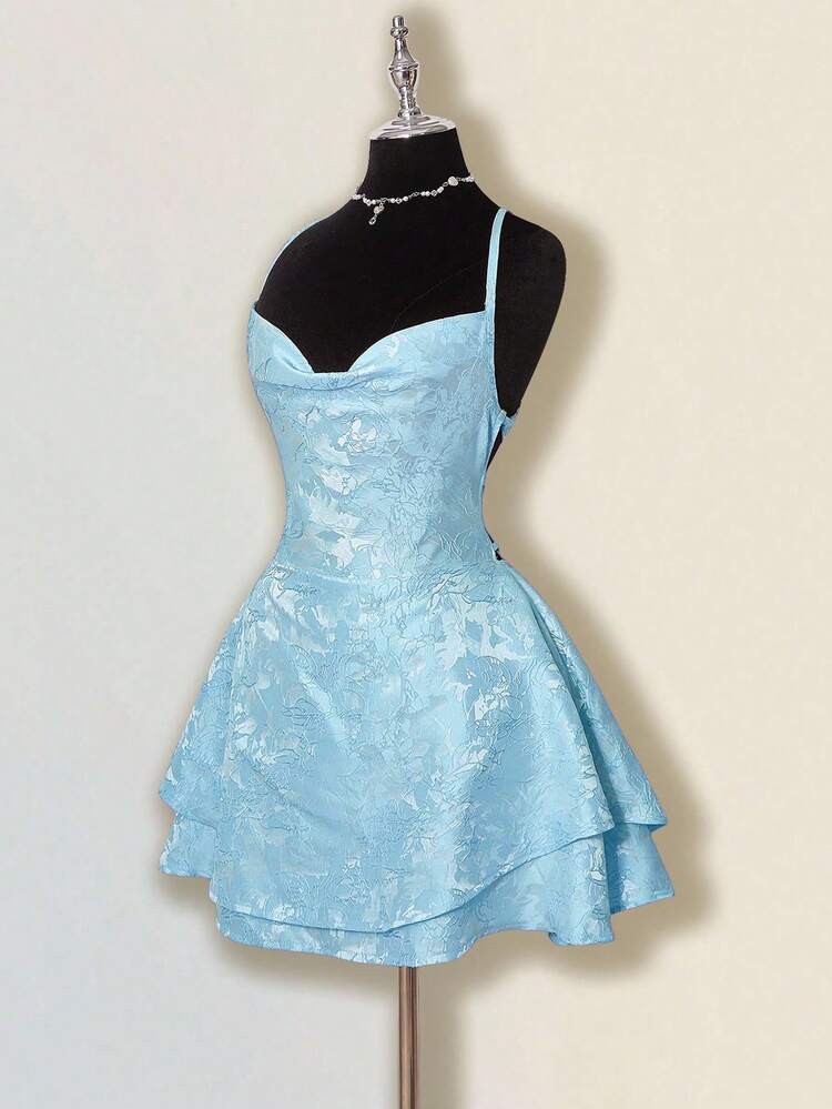 SHEIN ICON Vestido Mini com Amarração Nas Costas em Tecido Jacquard - Azul - Visão 4