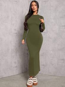 SHEIN PETITE Solid Color Pleated Waist Black Long Sleeve Dress ,Petite Women - Army Green - View 4