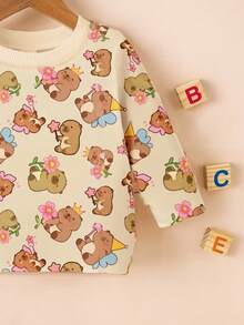 Baby Girl Cute Capybara Animal Cartoon Floral Star Print Long Sleeve Crew Neck Sweatshirt, New Autumn/Winter - Multicolor - View 5