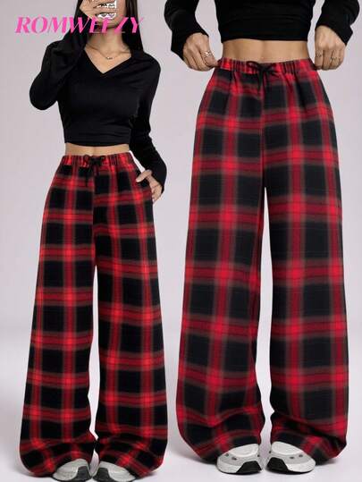 Sparklyn بناطيل كاجوال بطباعة مربعات مناسبة للمراهقات للاستخدام اليومي، التنقل، المدرسة، التجمعات - خريف