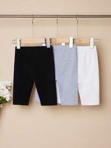 SHEIN 年輕女孩3入組實色彈性腰騎行短褲