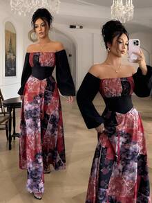 Selianne Women's Elegant Off Shoulder Long Dress,Black Floral Autumn Sophisticated Long Sleeve Dress For Birthday Party,Formal Occasions,Date,Graceful Gown - Multicolor - View 1