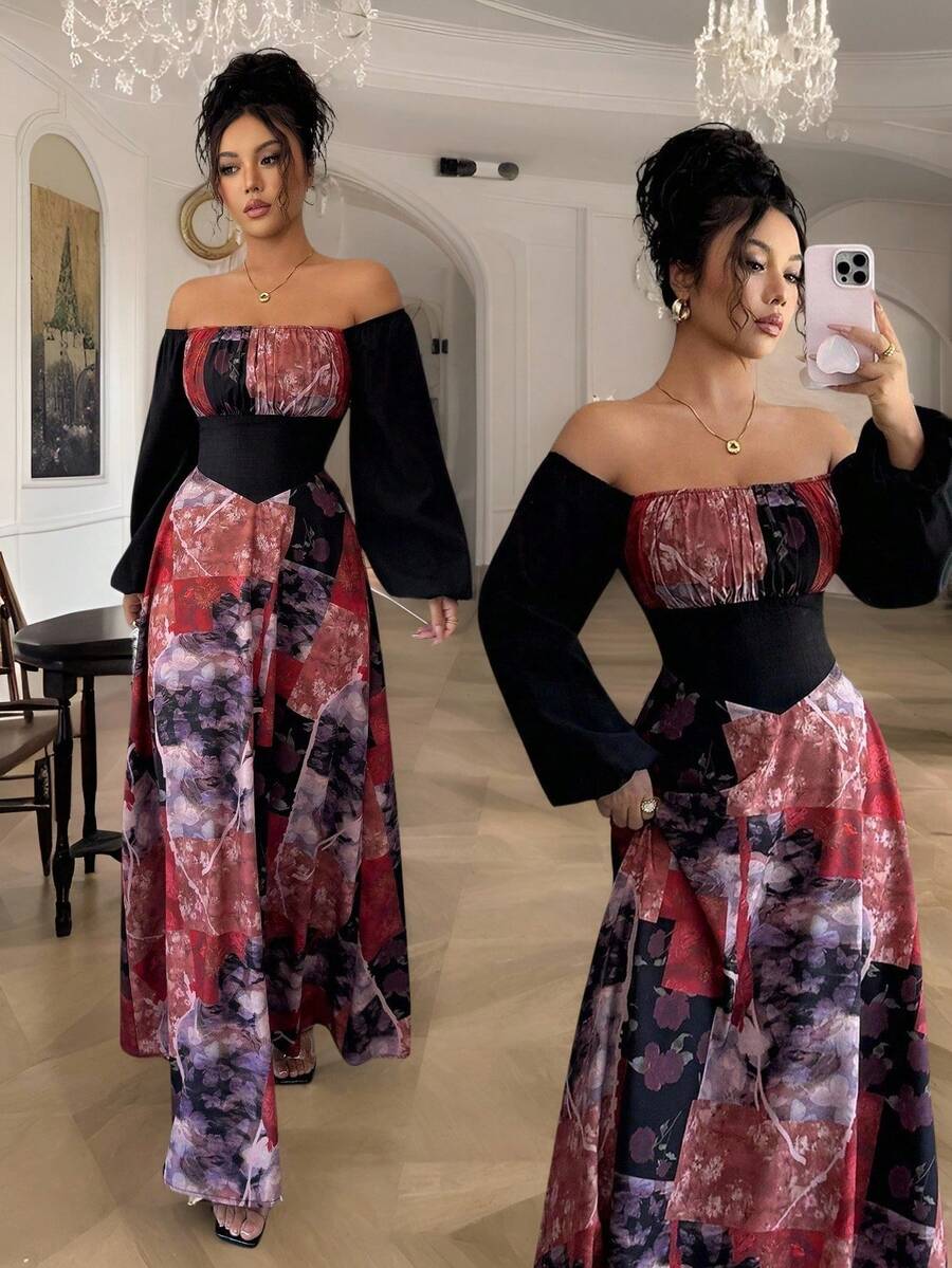 Selianne Women's Elegant Off Shoulder Long Dress,Black Floral Autumn Sophisticated Long Sleeve Dress For Birthday Party,Formal Occasions,Date,Graceful Gown - Multicolor - View 1