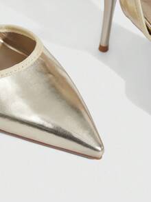 CUCCOO SZL Women's Fashion Pointed Toe Black Satin Ribbed Ribbon Tie Up Ankle Strap Suitable For Evening Party, Wedding, Stiletto High Heel Shoes - Gold - View 5