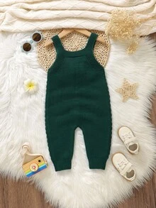 SHEIN Unisex Baby Casual Minimalist Light Green Knitted Jumpsuit With Suspenders Baby Knit Jumpsuit Green Baby Boy Jump Suit Baby Sweater Romper Dark Green Outfit For 1 Year Old Boy Green Baby Girl Outfit Green Baby Boy Jumpsuit - Dark Green - View 2