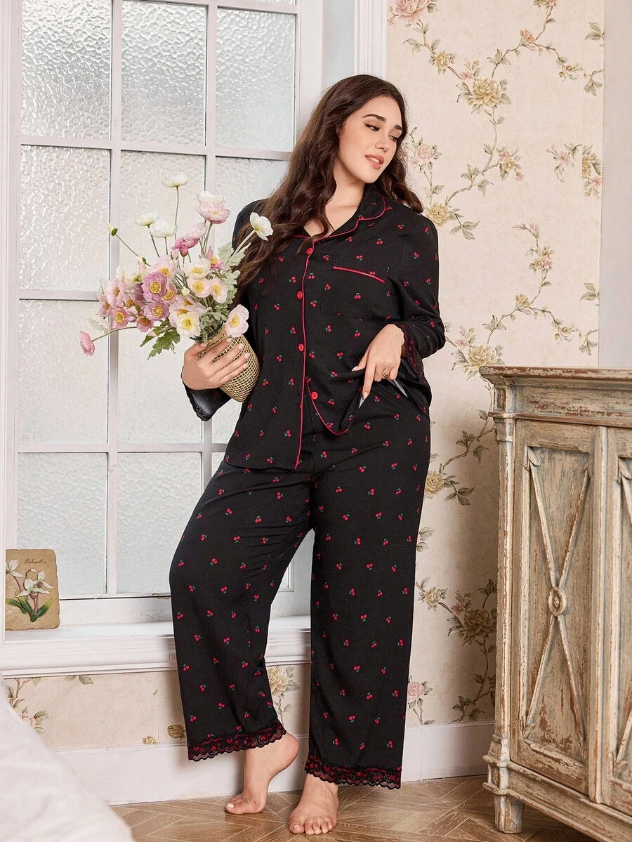 SHEIN Plus Size Women's Cherry Blossom Print Pajama Set,Black Crinkle Open Front Sleepwear,Autumn Night Curvy Pj Set,Fall Winter Clothes - Black - View 1