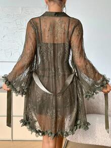 SHEIN 2pcs/Set 3D Floral Lace Robe + Fishbone Waist Design Lace Camisole Nightgown - Army Green - View 2