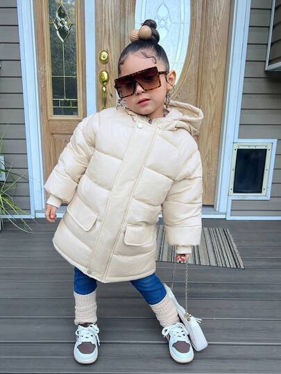 SHEIN Manteau matelassé casual à capuche de couleur unie pour jeune fille en automne/hiver