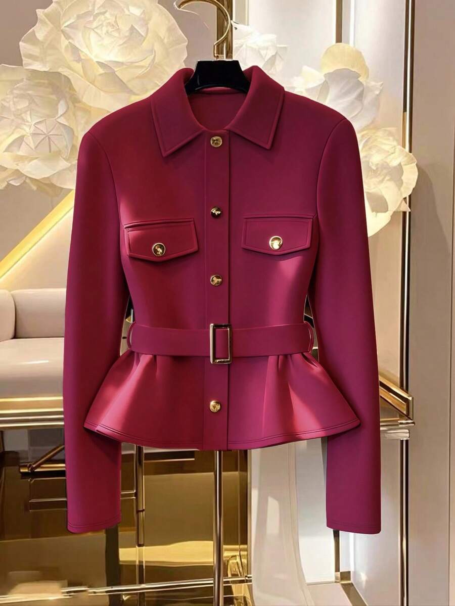Franclia 女士优雅腰部收紧长袖夹克，带仿口袋，秋冬 - 酒紅色 - 查看 1