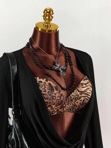 Áo bra dài tay cổ khoét sâu họa tiết da báo phong cách Y2K Amplova dành cho nữ, gợi cảm và phá cách, phù hợp mặc hàng ngày, dáng rộng, kiểu Y2K, áo nữ phong cách Gothic, áo liền thân dài tay gợi cảm, trang phục Halloween cho du lịch hàng ngày, áo đen. - màu đen - Xem 5