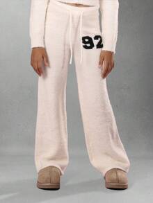 SUMWON Luxurious Cozy Flare Leg Pants Wide Leg Jogger Pants With Drawstring Waist Brushed Knit Winter Fall Pants Numbers Script Logo - Beige - View 2