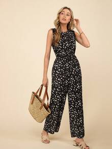 Women's Allover Print Sleeveless Jumpsuit, Casual Vacation - Black - View 6