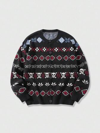 Street Life Men's Casual Geometric & Skull Pattern Button Front Sweater, Autumn/Winter, Grunge Style