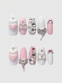 ROMWE Kawaii 可爱蕾丝边浪漫心形芭蕾舞裙蝴蝶结白色翅膀金属音符粉色系列手工假指甲贴，量产活力少女装，适合日常出游约会 - 粉白色 - 查看 1