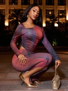 Lureya Ensemble 2 pièces femme mode sexy, épaule asymétrique, manches longues, ourlet asymétrique, moulant, imprimé tie dye, sexy bombshell