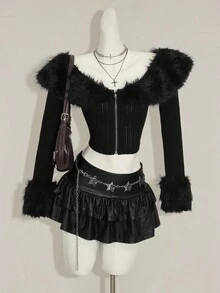 SHEIN ICON 女士波点仿皮草拼布休闲夹克，秋冬 - 彩色 - 查看 1