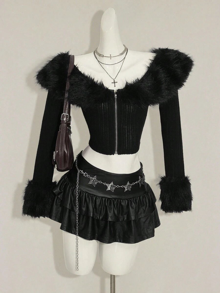 SHEIN ICON 女士波点仿皮草拼布休闲夹克，秋冬 - 彩色 - 查看 1