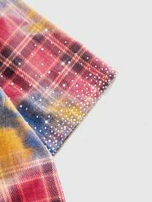 ROMWE MEN Street Life 男士格子短袖水钻设计单排扣休闲牛仔衬衫 - 彩色 - 查看 5