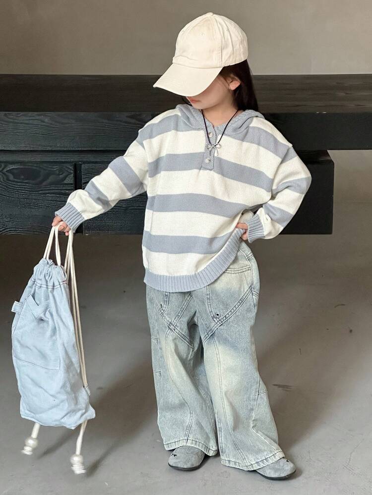 Young Girl Striped Drop Shoulder Long Sleeve Button Half Placket Casual Hooded Sweater, Autumn/Winter