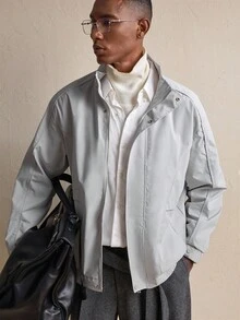 AKNOTIC Business Casual 男士休閒百搭純色長袖拉鍊夾克，適合春季戶外穿著 - 灰色 - 查看 4