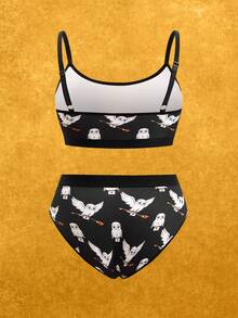 HARRY POTTER X SHEIN Plus Size Black & White Cartoon Hedwig Print Camisole Bra And Panty Set,Basic Comfortable Casual ,Soft,Cute,Kawaii,Sweet