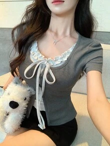 DAZY 女式夏季二合一荷叶边蝴蝶结短袖T恤