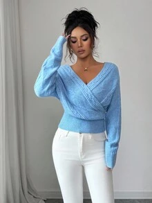 SHEIN Elenzya Áo len quấn cổ chữ V màu trơn thanh lịch dành cho nữ, Thu/Đông - Màu xanh lam - Xem 4
