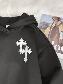 SHEIN 少女深灰色卫衣，口袋设计，百搭休闲，适合上学、十字、万圣节、哥特等场合，秋冬季日常穿着。 - 深灰色 - 查看 6