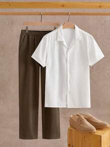 Manfinity NXTstreet 2pcs/Set Men's Casual Cuban Collar Short Sleeve Shirt & Pants Set, Beach Set, Cozy Outfits - Multicolor - View 1