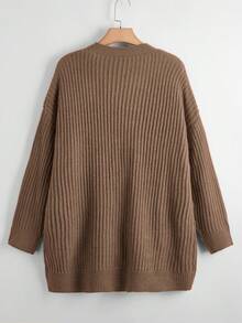 SHEIN LUNE 大码女式宽松休闲针织长袖开衫，带口袋，黑色，日常罗纹针织毛衣夹克 - 咖啡棕 - 查看 2