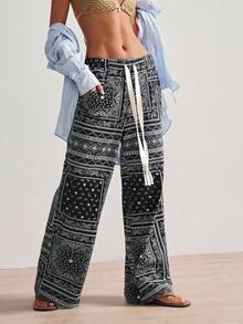 Bohemela Pantalones sueltos de cintura baja con estampado floral de estilo bohemio boho para mujer, primavera/verano - Negro - Ver 4