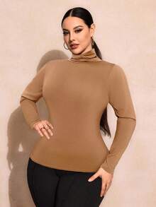 SHEIN SXY Plus Size Solid Color Slim Fit High-Necked Long Sleeve All-Match T-Shirtbasic Tees